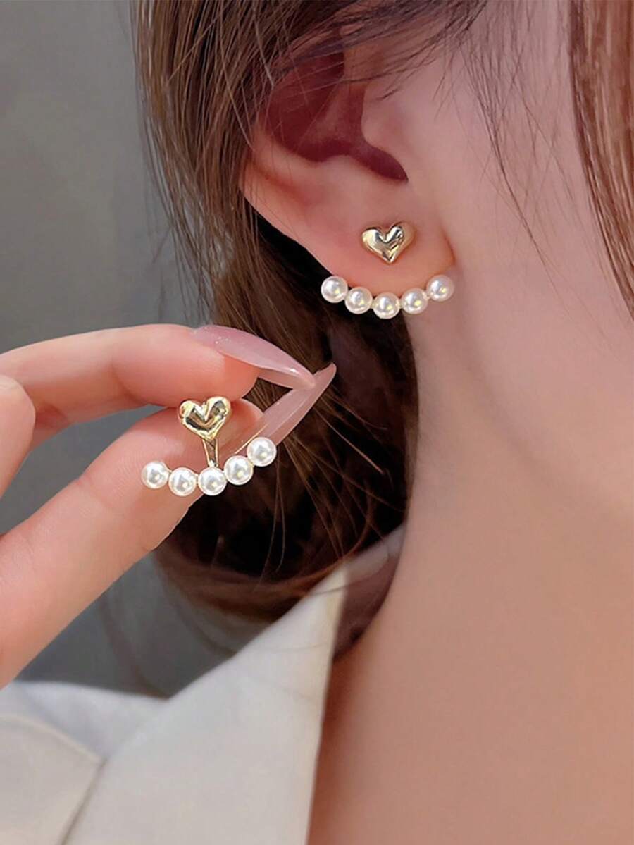 topshiny 1 par de brincos de botão minimalistas com coração pequeno e pérola sintética, joias de moda coreana para mulheres, Dia dos Namorados, Mãe, Dia das Mães, Presente