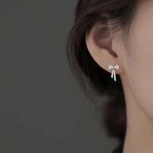 Diseño de celebridad de primera calidad, sensación de alta gama, plata de ley S925, pendientes clásicos de lazo y borla de circonita grande, regalo ideal para familiares, amigos y parejas - Plateado - Ver 4