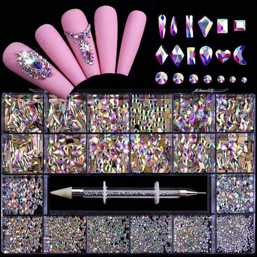 21 Grids Nail Art Flatback Rhinestone Set, 2500 Pcs Round Rhinestone & 600 Pcs Flatback Asymmetrical Shape Rhinestone With Glue Applicator And Storage Box For Nail Diy Decoration Nail Charms Nail Gems Nail Supplies - 彩色 - 查看 1