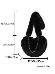 1pc Solid Color Heart Shaped Large Capacity Fluffy Handbag With Chain Strap For Women, Autumn/winter - Black - View 7