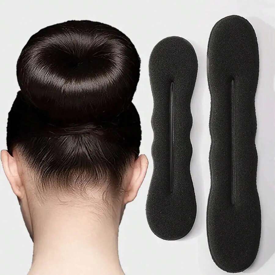 2pcs/Set Donut Shaped Hair Styling Tool, Thick Sponge Hair Bun Maker For Voluminous Flower Bud Hairstyle Casual - Black - View 1