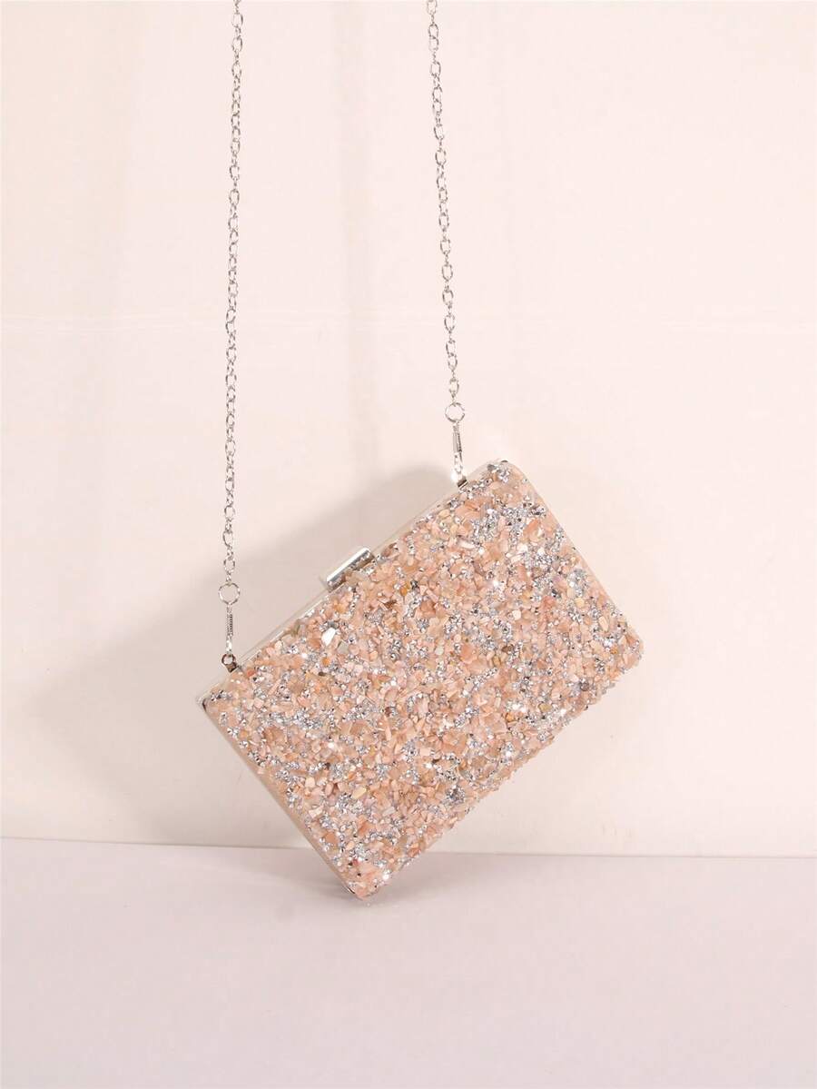 Stone & Rhinestone Decor Clutch Purse With Detachable Chain Strap, Evening Party Bag - Champagne - View 1