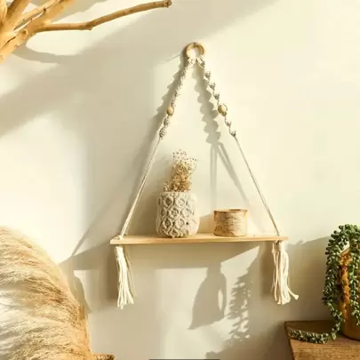 1 件装 Macrame 壁挂植物装饰架室内室外浮动木质装饰架，手工绳子波西米亚风格植物架、家居装饰、房间装饰、墙面装饰
