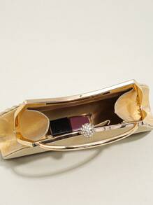 1 件女士褶皱晚装包，优雅褶皱吻锁扣晚装包，闪亮金属支架斜挎包，吻锁晚宴包 - 金色 - 查看 6