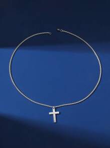 男士简约不锈钢十字架及26个字母吊坠项链（1件装） - 銀色 - 查看 2