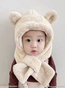 1 件装婴儿毛绒帽子围巾套装，带熊耳朵设计，适合幼儿男孩和女孩的保暖冬帽，适合 5-18 个月 - 米色 - 查看 6