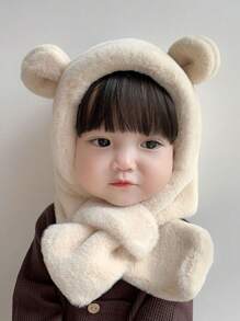 1 件装婴儿毛绒帽子围巾套装，带熊耳朵设计，适合幼儿男孩和女孩的保暖冬帽，适合 5-18 个月 - 米色 - 查看 2