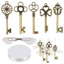 50pcs Vintage Key Shaped Flying Keys, 50pairs Dragonfly Wing Design, 30m Elastic Crystal String For Diy Christmas Decoration - Bronze - View 1