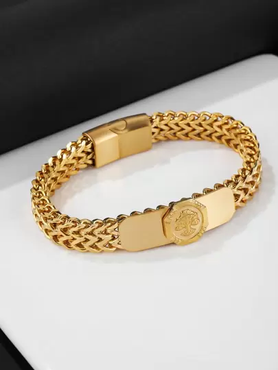 1 pieza Pulsera de cadena con elemento del árbol de la vida chapada en oro de 18K de acero inoxidable elegante, regalo para hombres