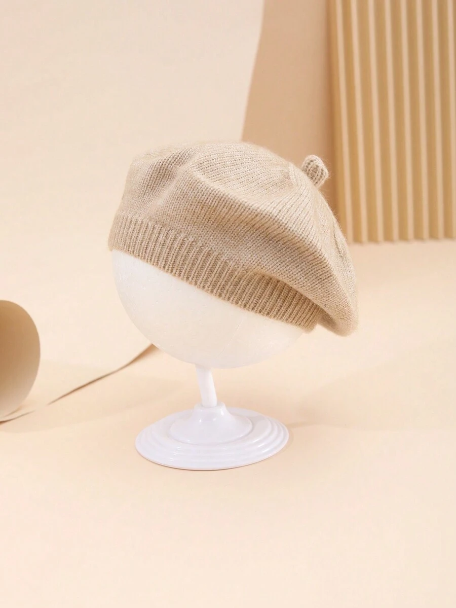 1頂針織無性別嬰兒帽子,純色,可愛的冬季配件 - 卡其色 - 查看 1