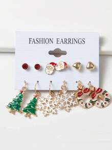 6pairs Christmas Tree & Snowflake Shaped Rhinestone Earrings For Christmas - Yellow Gold - View 1