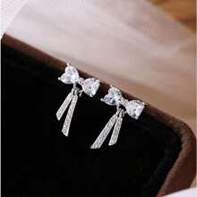 Diseño de celebridad de primera calidad, sensación de alta gama, plata de ley S925, pendientes clásicos de lazo y borla de circonita grande, regalo ideal para familiares, amigos y parejas - Plateado - Ver 2