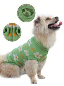 1pc Autumn And Winter New Cute Floral Pet Green Sweater, Cat Clothing, Pet Clothing, Dog Sweater - Green - View 7