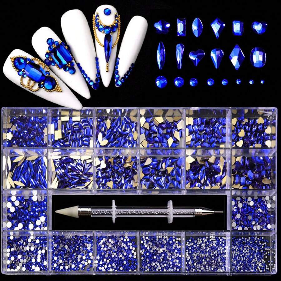 21-Compartment Nail Art Flatback Rhinestone Set Including 2500pcs Round & 600pcs Flatback Asymmetric Shape Gems, With Rhinestone Picker Pen, For Diy Nail Decoration - 寶藍色 - 查看 1