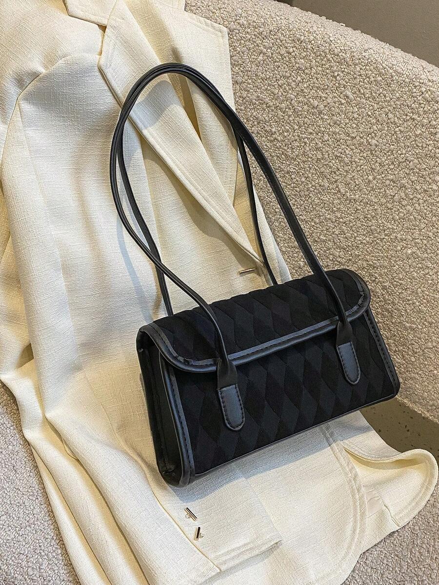 Fall/Winter New Arrival Fashionable Plush Material Casual Simple Commuting Diamond Shaped Grid Shoulder Small Square Bag - Black - View 1