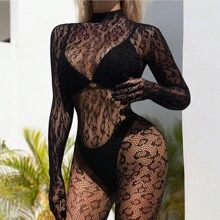 Leopard Print Sexy Lingerie Long Sleeve Bodysuit Fishnet Bodysuit For Rave - Black - View 3