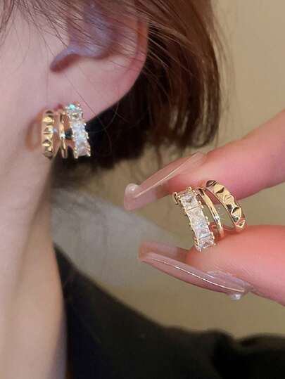 1pair Fashionable Cubic Zirconia Decor C-Shaped Multi-Layer Stud Earrings, Suitable For Daily Wear
