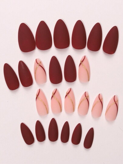 アーモンド形の茶色ネイルシール 24枚入り(きらめき入り)、日常の外見をエレベートするための爪用、1個のネイルファイルと1個のジェリーグルーが付属