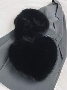 1pc Solid Color Heart Shaped Large Capacity Fluffy Handbag With Chain Strap For Women, Autumn/winter - Black - View 5