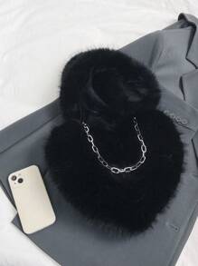 1pc Solid Color Heart Shaped Large Capacity Fluffy Handbag With Chain Strap For Women, Autumn/winter - Black - View 4