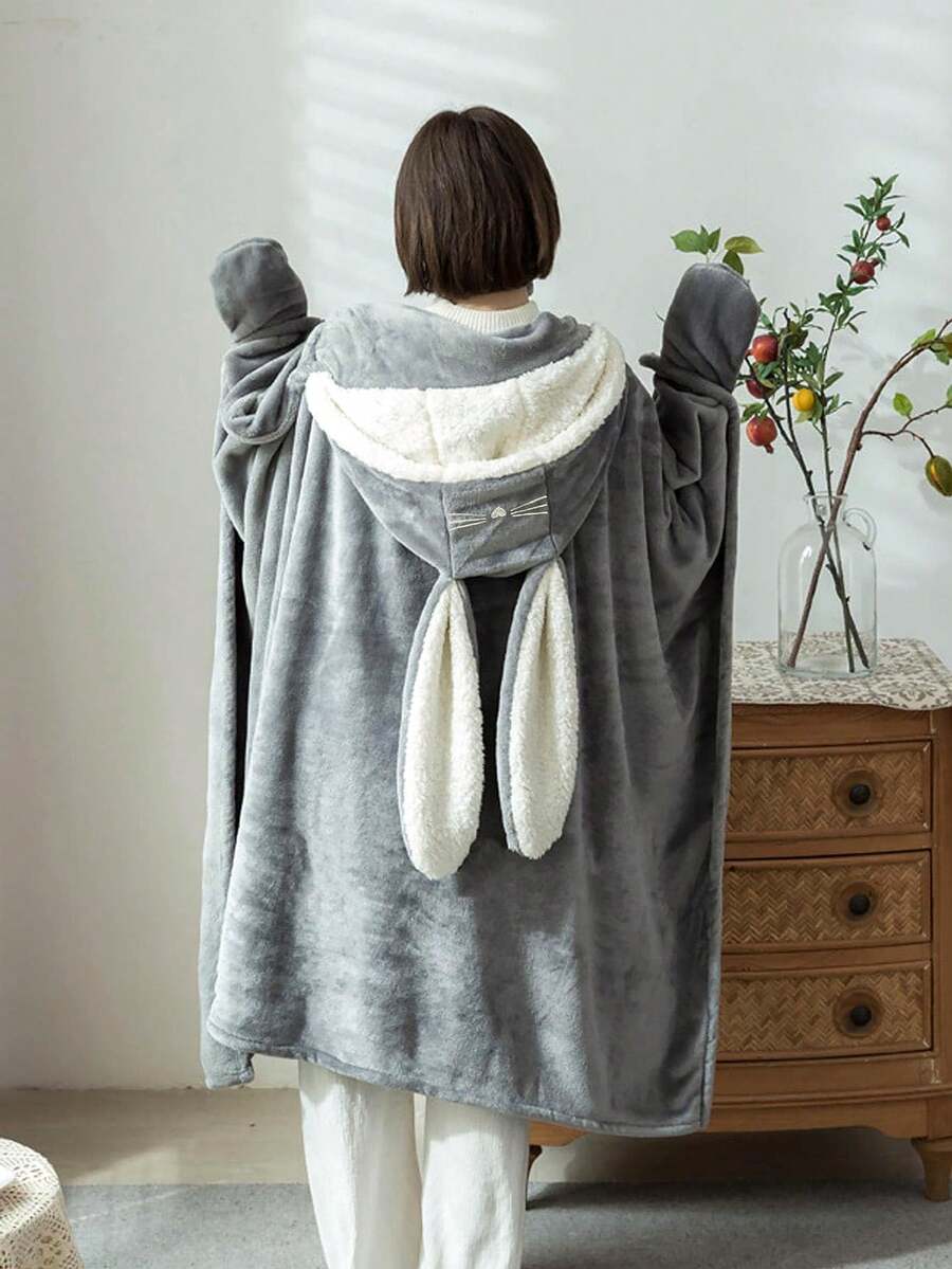 1 chiếc chăn hoạt hình trang trí tai có mũ trùm đầu - Xám - Xem 1