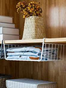 1pc Under Shelf Basket For Kitchen Cabinet, Wardrobe Storage Rack, Dormitory Desk Hanger, Holder Shelf, Storage Basket - Black - View 4