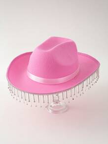 1入組女士粉紅新娘帽，結婚禮物帽，牛仔婚禮，音樂會 Rbd 帽子，水鑽流蘇 Kj 風格牛仔帽帶絲帶配飾，西式婚禮 - 粉色 - 查看 2