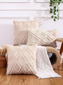 1pc Autumn/winter Geometric Pattern Plush Embroidered Pillowcase - Beige - View 1