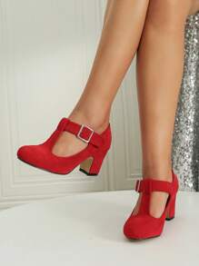 Autumn/Winter Wedding Casual Fashion High Heel Mary Jane T-Strap Buckle Chunky Heel Pumps, Formal Velvet Dress Work Office Red Shoes, Outdoor Women High Heels (Please Check Foot Length, Palm Circumference Parameters Before Purchasing)
