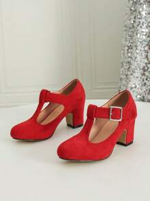 Autumn/Winter Wedding Casual Fashion High Heel Mary Jane T-Strap Buckle Chunky Heel Pumps, Formal Velvet Dress Work Office Red Shoes, Outdoor Women High Heels (Please Check Foot Length, Palm Circumference Parameters Before Purchasing)