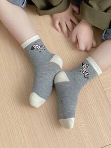 5pairs/pack Unisex Kids' Cartoon Black And White Little Zebra Print Mid-calf Socks, Suitable For All Seasons - Multicolor - View 3