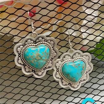 1 Pair Bohemian Vintage Carved Heart Pendant Earrings, Fashion Jewelry For Women, Wedding Party Gift