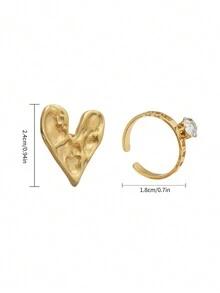 2pcs/set Fashionable Heart Shaped Rhinestone Ring With Gold Plating, Suitable For Women Daily Wear - Gold - View 3