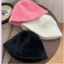 女用可愛白色毛茸茸漏斗帽，適用於秋冬季，帶日式氣息毛絨漏斗帽，適中頭圍，可以提升臉型並保暖，時尚潮款 - 白色 - 查看 5