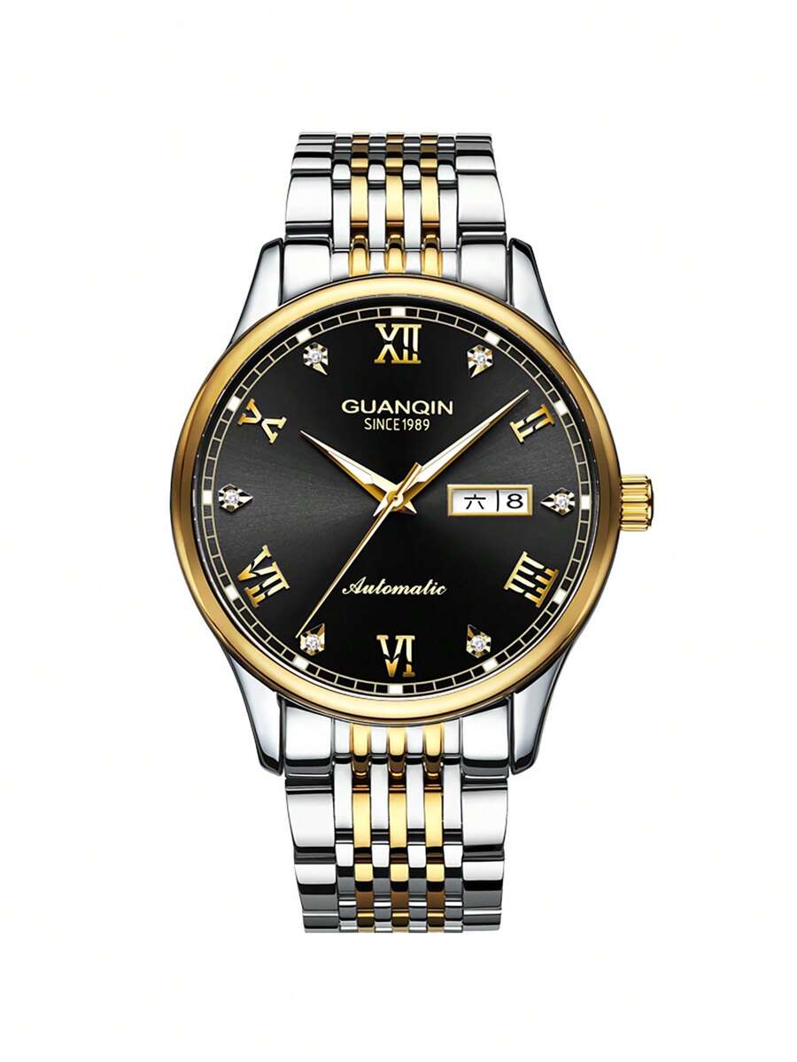 GUANQIN 冠琴男士金色黑色錶盤不銹鋼機械手錶帶水鑽鑲嵌索引和指針夜光日曆功能手錶適合日常裝飾 Gj16137 - 黑色 - 查看 1