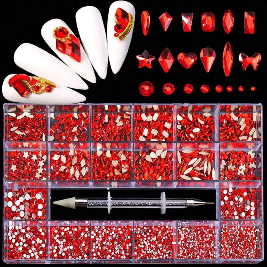21 Grids Nail Art Flatback Rhinestones Set Including 2500pcs Round Shaped Rhinestones And 600pcs Flatback Asymmetrical Shaped Stones Plus Adhesive Pen - Suitable For Diy Nail Decoration - 紅色 - 查看 1