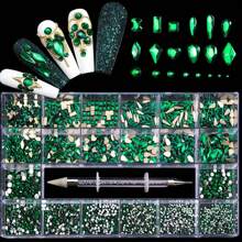 Nail Art Flatback Rhinestone Set, 21 Grids With 2500pcs Round Shape And 600pcs Flatback Asymmetric Shape Gems, With Adhesive Pen, Suitable For Diy Nail Decoration - Dark Green - View 1