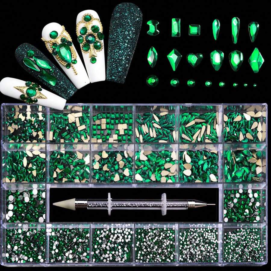 Nail Art Flatback Rhinestone Set, 21 Grids With 2500pcs Round Shape And 600pcs Flatback Asymmetric Shape Gems, With Adhesive Pen, Suitable For Diy Nail Decoration - Dark Green - View 1
