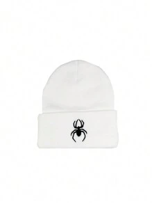 1頂男式白色針織毛帽,繡有蜘蛛圖案,適用於秋冬戶外時尚休閒帽子 - 白色 - 查看 1