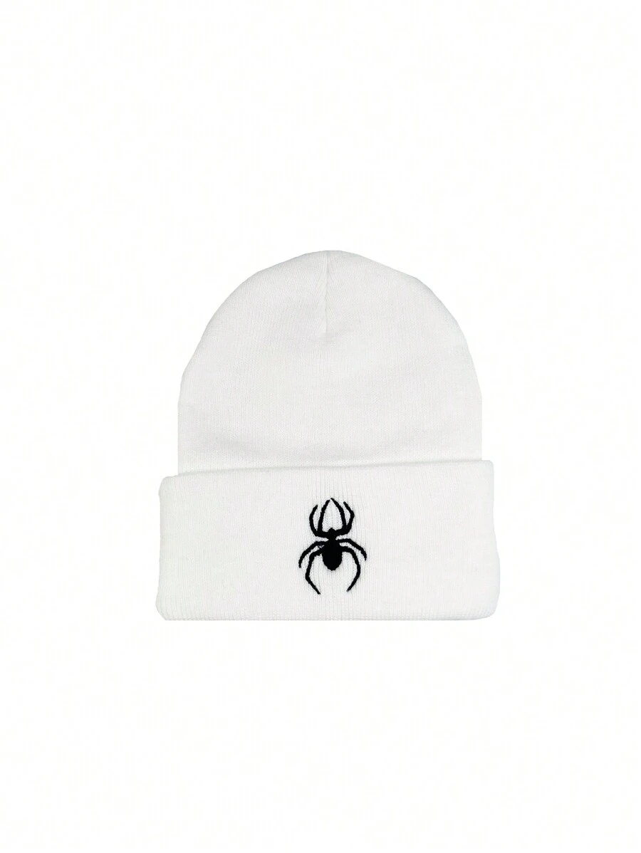1頂男式白色針織毛帽,繡有蜘蛛圖案,適用於秋冬戶外時尚休閒帽子 - 白色 - 查看 1