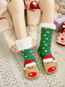 1雙室內聖誕卡通鹿厚實防滑地板襪,適用於家庭 - 綠色 - 查看 2