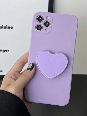 1pc Purple Tpu Phone Case + 1pc 360° Rotatable Folding Heart Shaped Phone Holder Compatible With Iphone, Samsung, Xiaomi, Huawei, Oppo