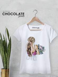 Koko Beautiful Chocolate Jeans T-Shirt With Rhinestones One Size - Hot Pink - View 2