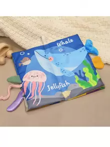 1本寶寶藍色海洋主題抗撕裂卡通尾巴布書,早教玩具配有婴儿声音装置、突突纸,是新生儿的完美礼物 - 藍色 - 查看 8