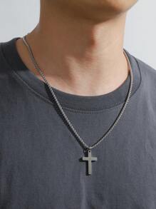 男士简约不锈钢十字架及26个字母吊坠项链（1件装） - 銀色 - 查看 3