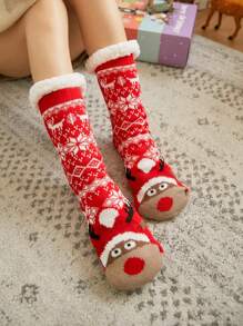 1對聖誕卡通馴鹿家用襪子&地板襪子女士