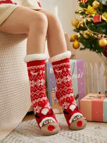 1對聖誕卡通馴鹿家用襪子&地板襪子女士