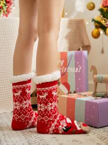 1對聖誕卡通馴鹿家用襪子&地板襪子女士