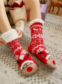 1對聖誕卡通馴鹿家用襪子&地板襪子女士