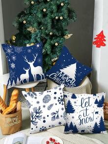 4pcs/set Blue Background 2pcs Deer & Pine Trees / White Background Pine Trees & Snowflakes Pattern Pillow Covers